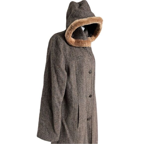COLE HAAN Country Elegant Hooded Coat Brown Grey Color Button Down Size M - Picture 2 of 8